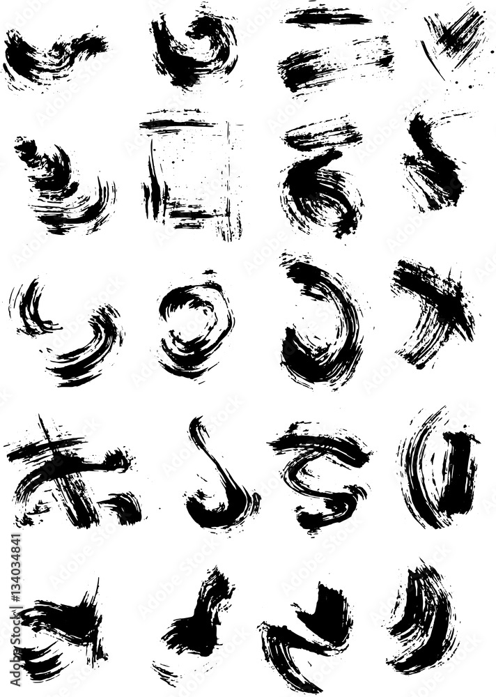 Aufkleber set of different abstract wavy dry brush strokes in black ink. vector brush real grunge effect with 