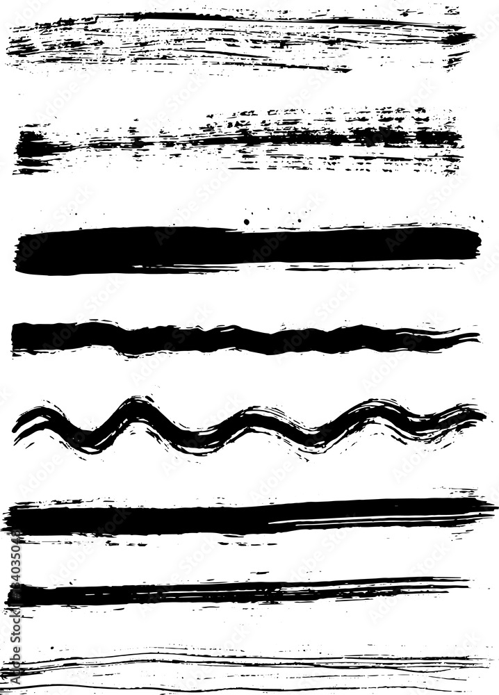 Poster set of horizontal and wavy dry brush strokes in black ink. vector brush real grunge effect with rubb