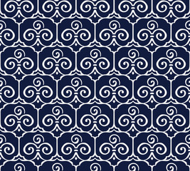Seamless Blue Japanese Background Trefoil Curve Spiral Cross Frame