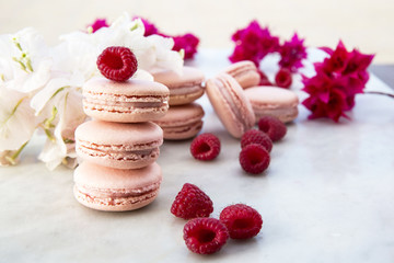 Delicious pink biscuits macaroons on light background with fresh berries raspberry and red flowers. A romantic date. Gift for Valentine's day. Ideal for holiday of international women's day.