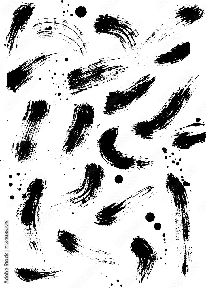 Poster set of dry brush strokes in black ink. pattern of abstract watercolor spots with small splashes of p