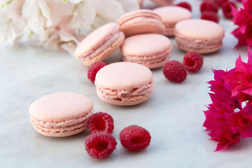 Fototapeta na wymiar Delicious pink biscuits macaroons