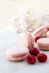 Delicious pink biscuits macaroons on light background with fresh berries raspberry and red flowers. A romantic date. Gift for Valentine's day. Ideal for holiday of international women's day.