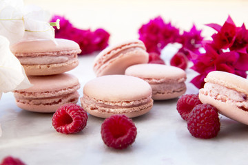 Obraz na płótnie Canvas Delicious pink biscuits macaroons on light background with fresh berries raspberry and red flowers. A romantic date. Gift for Valentine's day. Ideal for holiday of international women's day.