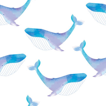 Seamless pattern with cute blue whales. Watercolor hand painted illustration
