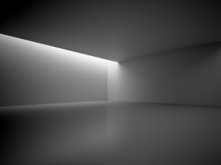 Empty Dark Room With Blank Frames Decorate Lights. Interior Background. 3d Render Illustration.