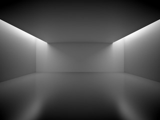 Empty Dark Room With Blank Frames Decorate Lights. Interior Background. 3d Render Illustration.