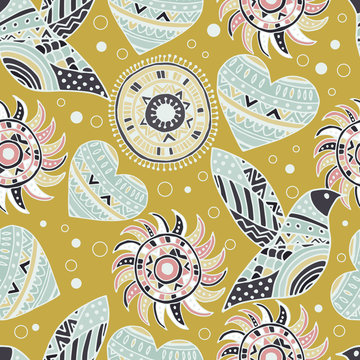 seamless pattern with bird and heart in the style of boho