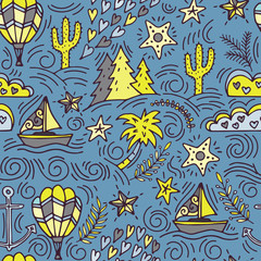 seamless pattern with cactus, palm trees, ship anchor