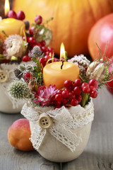 How to make floral arrangement with dry plants and candle in cer