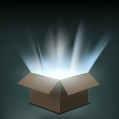 Open cardboard box with a glow inside. Stock vector illustration © Key design