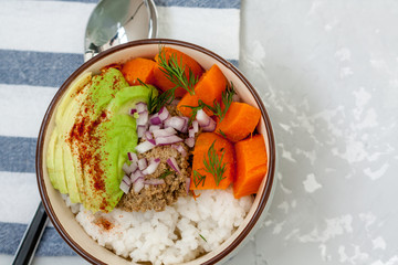 Rice with sweet potatoes, meat and vegetable pate. Love for a healthy food concept