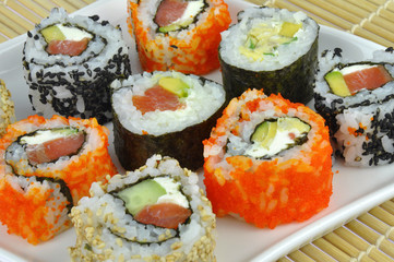 Sushi rolls mix on white plate