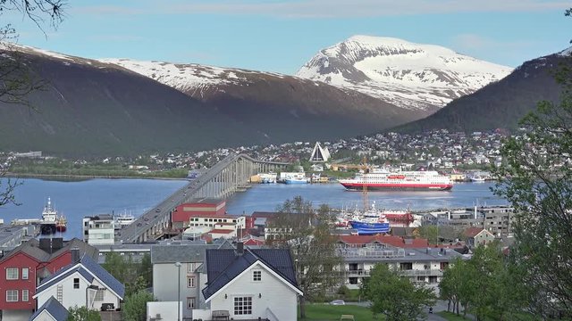 Ship driving through bridge - Tromso - Norway - zoom