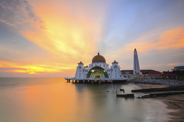 Malacca Straits Mosque, Malaysia at sunset.