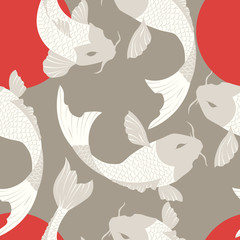 Seamless pattern with carp koi fish and sun, traditional japanese art, vector illustration