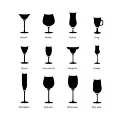 Black & white vector silhouette glasses icon set for different a