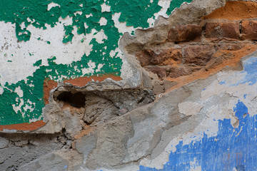 texture of old blank green wall, peeling paint, rough plaster, abstract background and a banner copy space