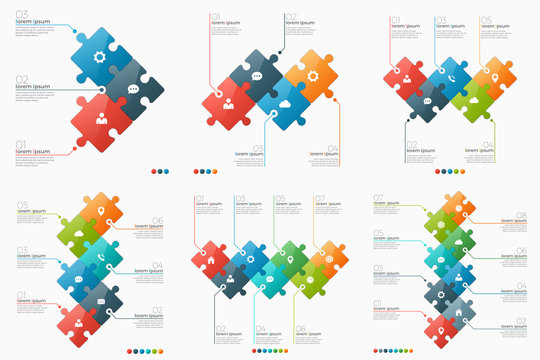 Set of 3-8 option infographic templates with puzzle sections for presentations, advertising, layouts, annual reports