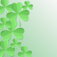 Abstract background with cut paper shamrock leaves. Green three leaf clover. St. Patrick day card. Vector illustration