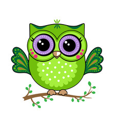 Cute funny owl. Forest bird or animal. Decorative and style toy, doll. Wonderland. Magic, fabulous story. Isolated children's cartoon illustration, for print or sticker. White background. Vector.