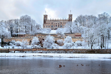Dresden Schloss Albrechtsberg im Winter an der Elbe