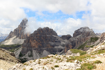 Sexten Dolomites panorama with mountain Drei Zinnen and Paternkofel in South Tyrol, Italy