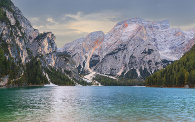 Beautiful Braies lake in the background of Seekofel mountain