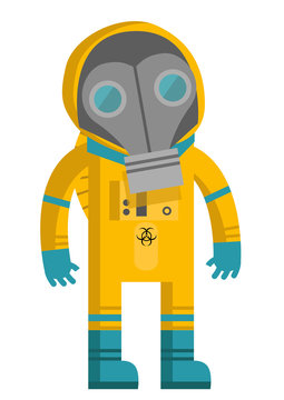 man on yellow biohazard suit with toxic waste barrels