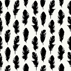 Seamless pattern with beautiful black feathers on white. Vector background.