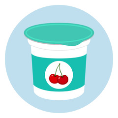 Cherry yogurt in plastic cup. Milk cream product. Flat style.