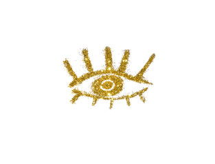 Obraz premium Abstract eye of golden glitter on white background, icon for your design