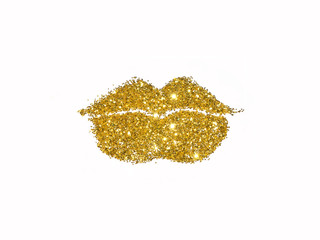 Lips of golden glitter sparkle on white background. Icon for your design.