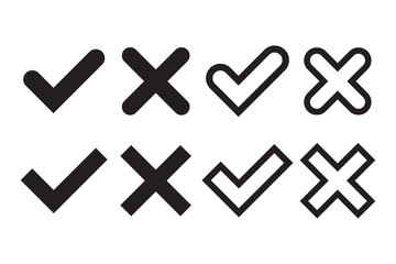 Obraz premium Tick and cross signs. Black checkmark OK and X icons, isolated on white background. Simple marks graphic design. Circle symbols YES and NO button for vote, decision, web. Vector illustration