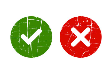 Tick and cross signs. Green checkmark OK and red X icons, isolated on white background. Grunge marks graphic design. Circle symbols YES and NO button for vote, decision, web. Vector illustration