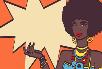 THIS, pop art face. Wonderful sexy african woman with speech bubble. Vector colorful background in retro comic style.
