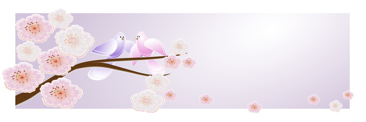 Birds sitting on a tree branch ,flowering cherry Sakura.Background for banners and websites. Vector illustration.