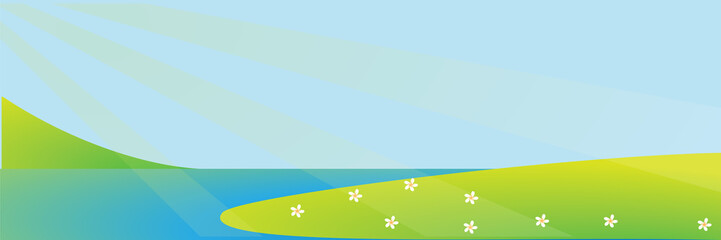 Nature panorama .The river washes Ostrava with green grass , spring season summer. Background for banners and websites. Vector illustration.