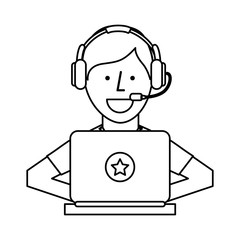 person working in laptop call center vector illustration design