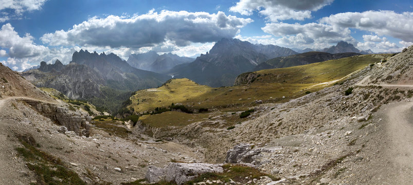 Panoramic view from the Tre Cime di Lavaredo towards Monte Cristallo, Dolomites, Italy