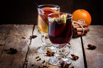 Hot mulled wine from red and dry white wine with fruit and spice