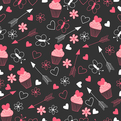 Love seamless pattern with cupcake, butterfly, flowers, hearts, arrow. Happy St. Valentine's Day. Holiday lovely background.