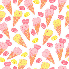 Candy seamless pattern with macaroons, ice cream, love, hearts, cookie on a white background. 
