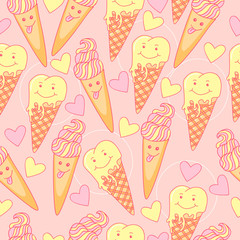 Cute seamless pattern with ice cream and hearts on a pink background. Funny cartoon illustration.