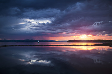 Sunset over the adirondack mountains and Lake Champlain.