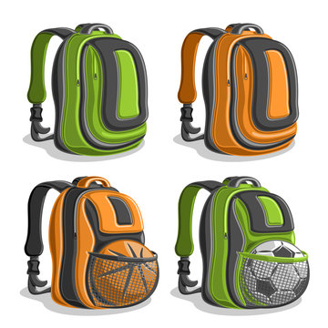Vector set icons sports Backpacks, green boys college back bag with handle, orange mens rucksack with mesh pocket for basketball, football ball, youth sport backpack for school, classic kids knapsack.