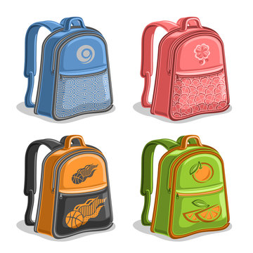 Vector set colorful kids Backpacks, blue boys college back bag with handle, pink girl fashion rucksack with pocket, orange youth sports backpack for school, green trendy knapsack with straps for kid.