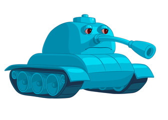 Голубой грустный танк с глазами и опущенным стволом, на белом фоне