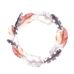 Feathers. Vintage wreath border, boho style. Watercolor © zzorik