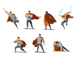 Vector illustration set of businessman Superhero actions, different poses